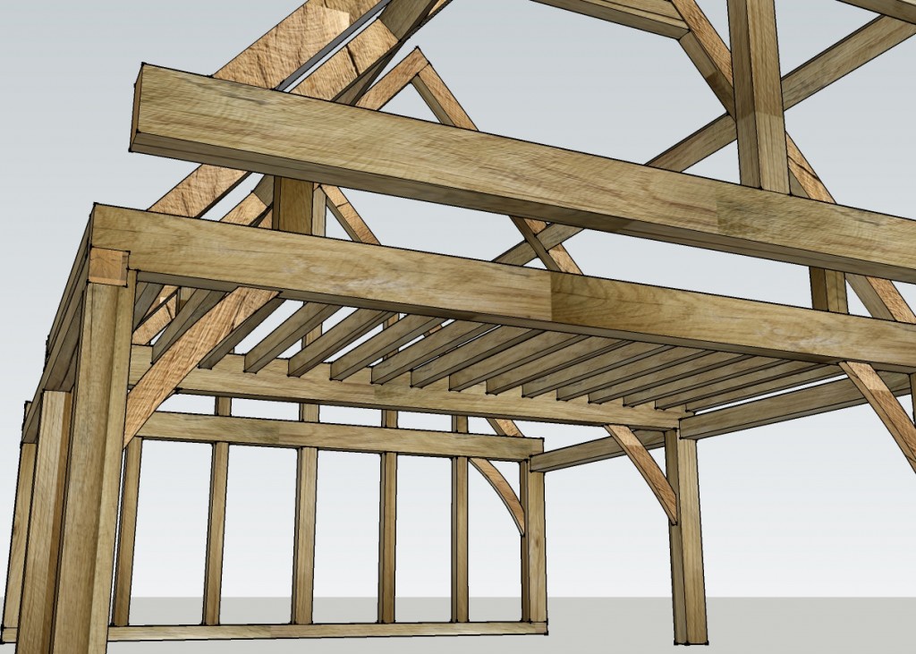 Oak frame design with floor beams and maisonette