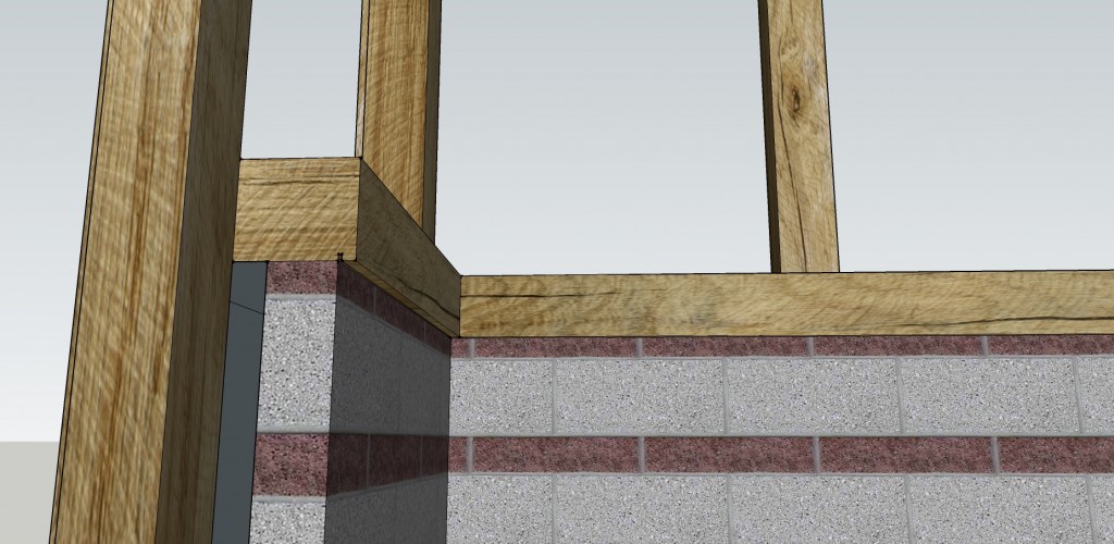 A 3D design of a corner section wood frame showing still detail.