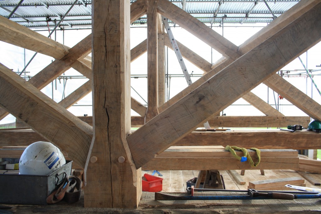 Rustic Air Dried Oak Trusses in construction.