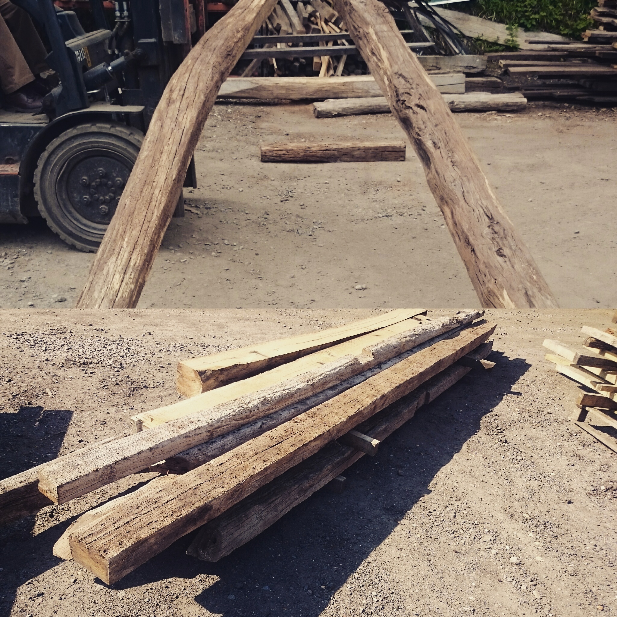 Once the beams have been selected they are cleaned, treated and stacked. An important part if this frame was the cruck braces (the large curved braces at the front) we were able to source these from an old barn in the Riberac region of France. We sent pictures to the client to make sure he was happy, and when we got the all clear, we began framing.