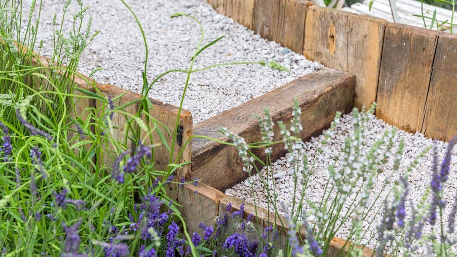 Oak steps in a lavender garden.