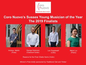 Pictures of the four Musician finalist for the Coro Nuovo's Sussex Your Musician of the Year 2019. From left to right Andrew Martin(Flute), George Robinson (Classical Guitar), Leo Popplewell (Cello) and Maria Luc (Piano)