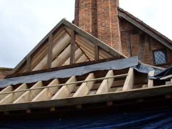 Close look from an oak framed porch in the building process.